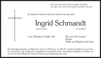 Traueranzeige von Ingrid Schmandt von Pegnitz-Zeitung